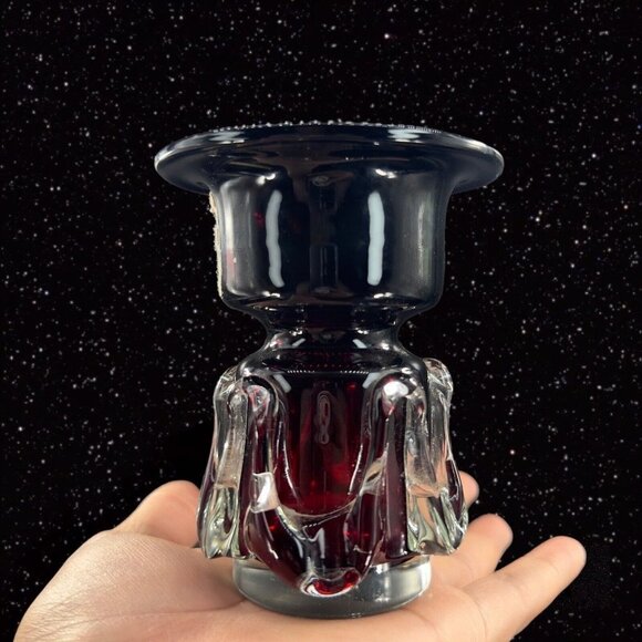 Polish Art Glass Red W Clear Swirls Vase Single Candle Holder From Poland VTG - Picture 4 of 11